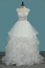 Load image into Gallery viewer, 2024 A Line V Neck Wedding Dresses Tulle With Applique Sweep Train