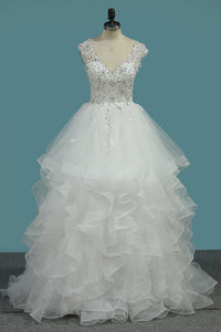 2024 A Line V Neck Wedding Dresses Tulle With Applique Sweep Train