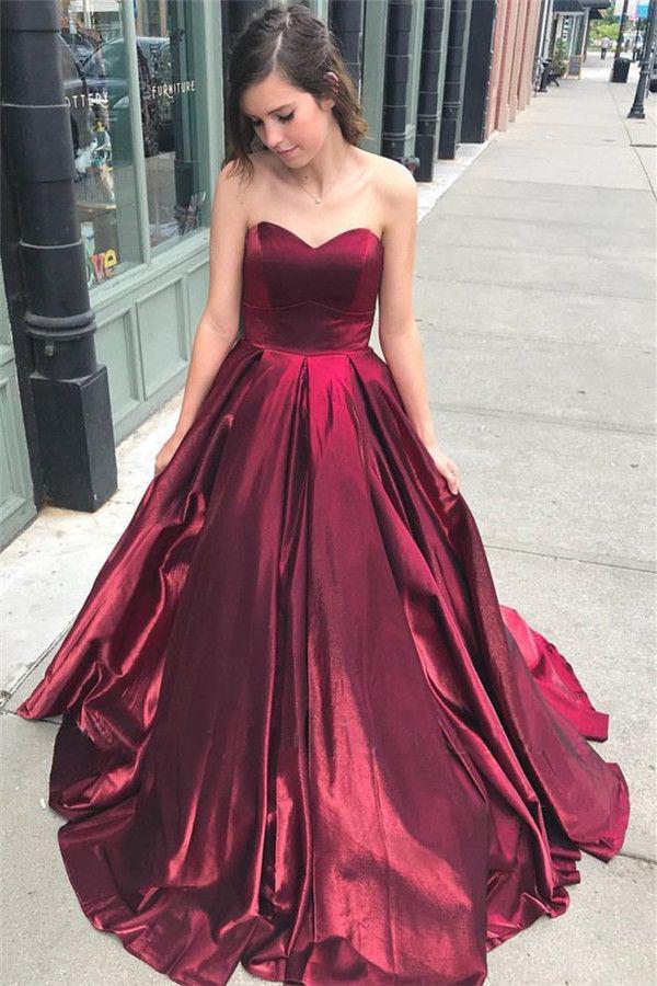 Unique A Line Burgundy Sweetheart Strapless Satin Prom Dresses, Simple Party Dress SRS15602
