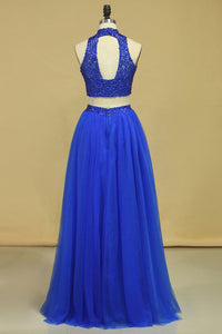 2024 Two-Piece Tulle With Beading Prom Dresses High Neck A Line