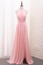 Load image into Gallery viewer, 2024 Chiffon Bridesmaid Dresses Scoop A Line Floor Length With Ruffles And Slit