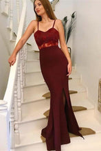 Load image into Gallery viewer, Sexy Spaghetti Straps Burgundy Front Split Long Simple Prom Dresses