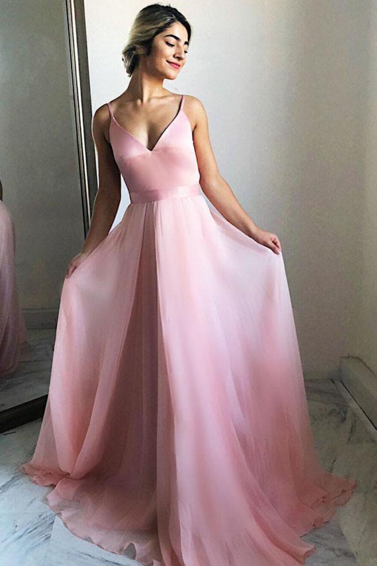 Spaghetti Straps Long V-Neck Simple Flowy Pink Prom Dresses Prom Gowns
