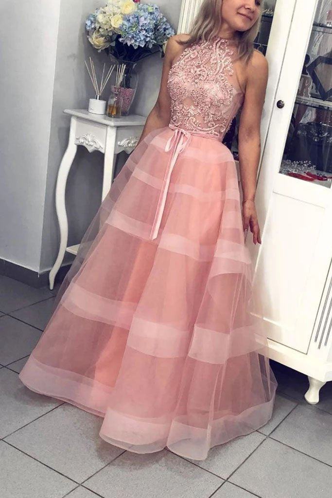 Sexy V neck Tulle Beading Spaghetti Straps Tulle Prom Dresses with Split, Formal Dress SRS15369