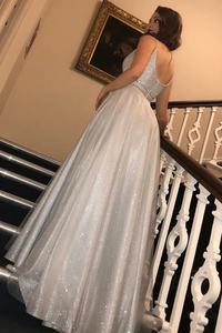 Glitter Long Prom Dresses A-Line V Neck Sequins Formal SRSPM5GPNTE