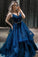 Dark Blue Sleeveless A Line Sequin Long Prom Dresses