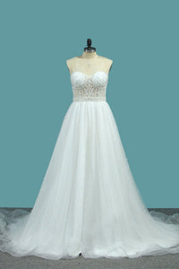 2023 Sweetheart Wedding Dresses A Line Tulle With Beads Sweep Train