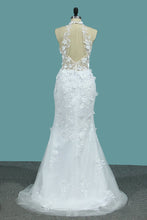 Load image into Gallery viewer, 2024 Wedding Dresses V Neck Mermaid Tulle With Applique And Handmade Flowers