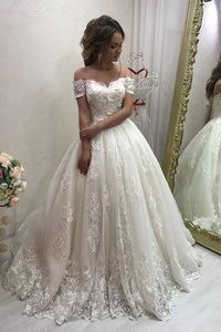 2024 Off The Shoulder A Line Wedding Dresses Tulle With Applique Court Train