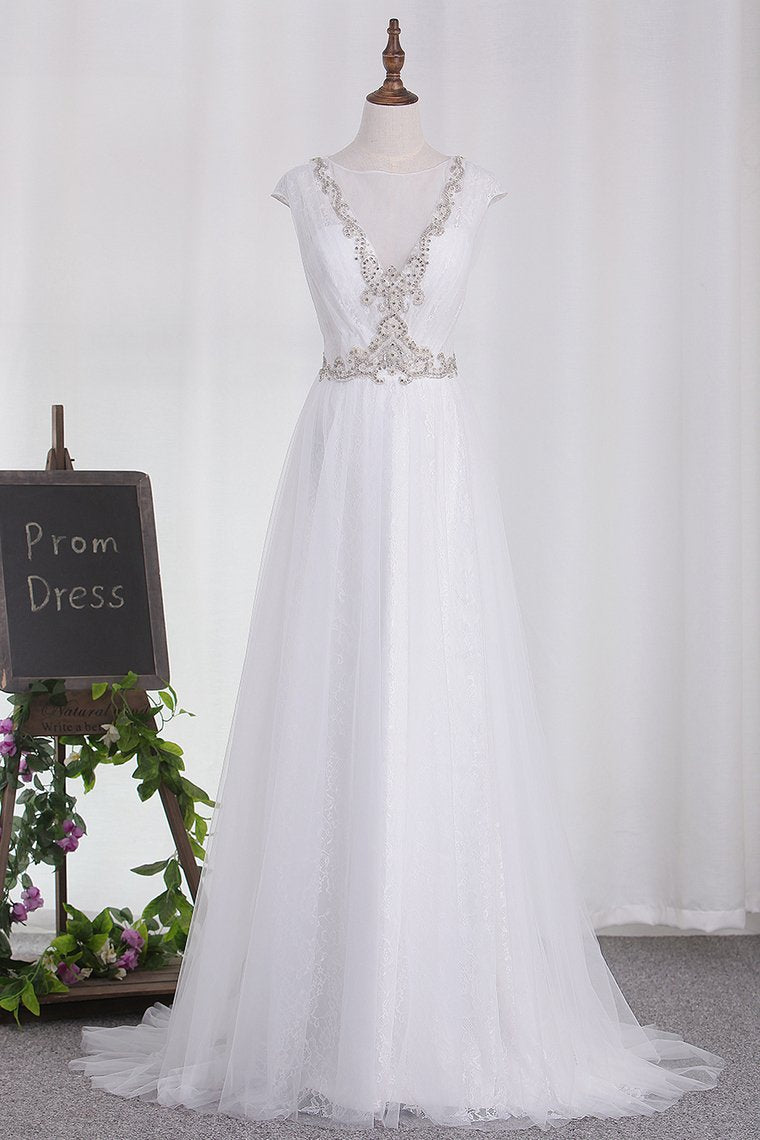 2023 Wedding Dresses Tulle Scoop A Line With Applique And Beads Sweep Train