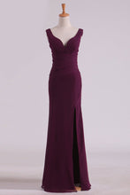 Load image into Gallery viewer, 2024 Straps Chiffon With Slit Sheath Floor Length Bridesmaid Dresses
