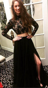Long Sleeves Modest Black Two Pieces Beaded Lace Long Women Dresses Prom Dresses RS678