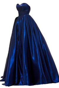 A Line Royal Blue Satin Sweetheart Strapless Prom Dresses with Pockets, Evening Dress SRS15553