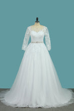 Load image into Gallery viewer, 2023 Bateau Wedding Dresses Tulle A Line With Applique And Beads Court Train