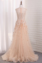 Load image into Gallery viewer, 2023 Sexy See-Through Sheath Scoop Prom Dresses Tulle With Applique And Slit