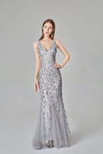 Load image into Gallery viewer, Sexy V Neck Silver Mermaid Prom Dresses, Embroidered Sequins Long Evening Dresses SRS15368