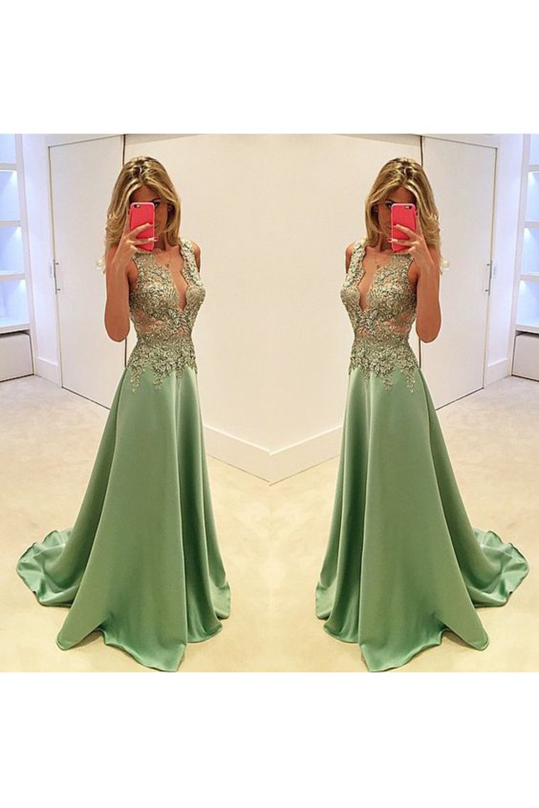 2024 New Arrival Prom Dresses V Neck Satin With Applique And Beads A Line
