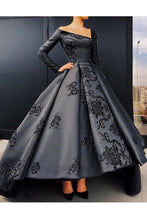 Load image into Gallery viewer, 2023 A Line Long Sleeves Satin Prom Dresses With Applique Asymmetrical
