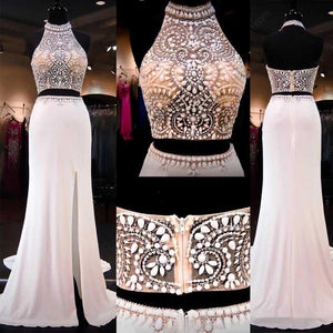 2024 Two Pieces Mermaid Long Halter Beaded Custom Cheap With Slit Prom Dresses RS145