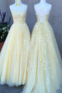 A Line Tulle Yellow Spaghetti Straps Prom Dresses with Appliques, Party SRS20385