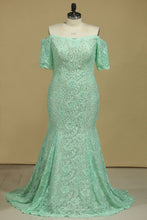 Load image into Gallery viewer, 2024 Sheath/Column Mid-Length Sleeves Bateau Lace Sweep Train Prom Dresses