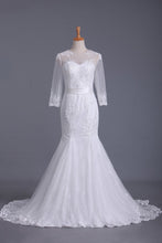 Load image into Gallery viewer, 2024 Scoop 3/4 Length Sleeve Mermaid Wedding Dress Tulle With Sash Court Train