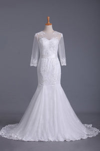 2024 Scoop 3/4 Length Sleeve Mermaid Wedding Dress Tulle With Sash Court Train