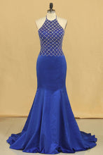 Load image into Gallery viewer, 2024 Dark Royal Blue Halter Mermaid Prom Dresses Beaded Bodice Satin Sweep Train