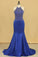 2024 Dark Royal Blue Halter Mermaid Prom Dresses Beaded Bodice Satin Sweep Train