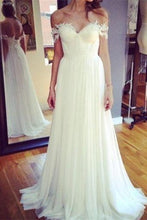 Load image into Gallery viewer, Off The Shoulder Flowy Long Ivory Lace Chiffon Beach Wedding Dresses