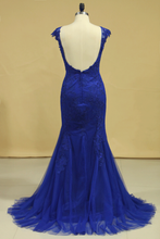 Load image into Gallery viewer, 2024 Plus Size Mermaid Open Back Evening Dresses Bateau Tulle With Applique Dark Royal Blue