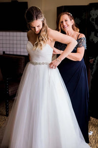 Sweetheart White Wedding Dresses with Rhinestone Sash Strapless Tulle Bridal Dresses SRS15443