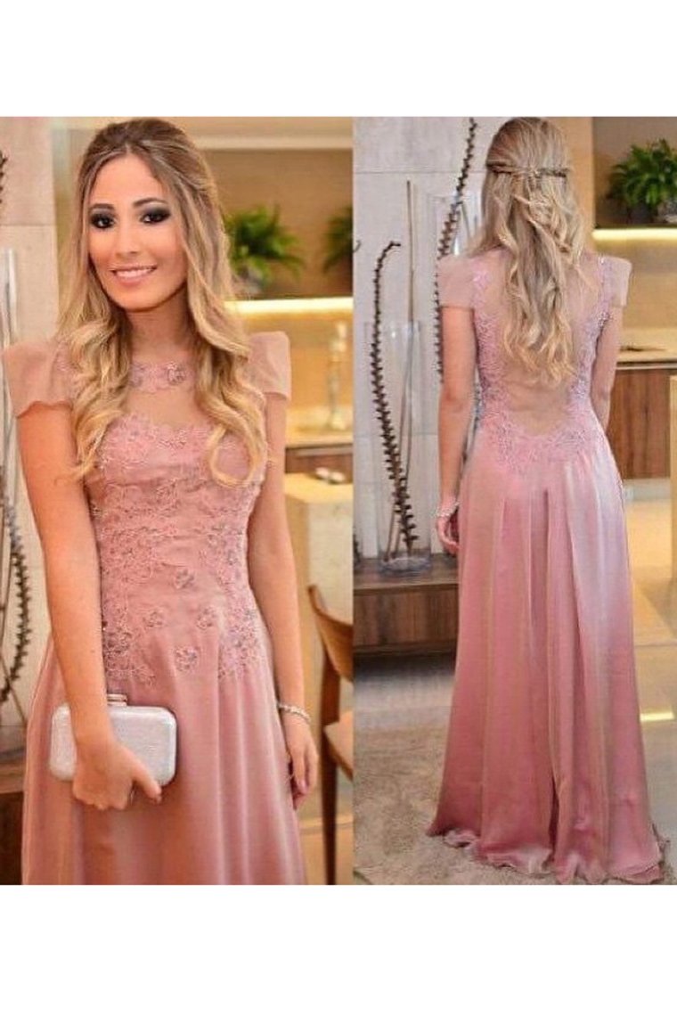 2023 Chiffon Scoop Short Sleeves Prom Dresses Sweep Train With Applique