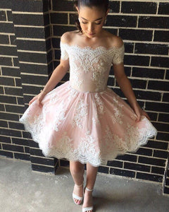 Cute A-line Off-the-shoulder Pink Short Prom Dress with Lace Appliques RS318
