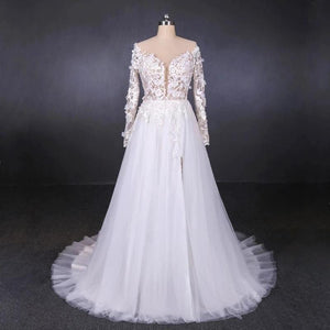 Long Sleeves White A-line Tulle Beach Wedding Dresses with Lace Appliques, Bridal Dress SRS15255