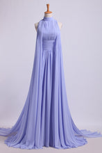 Load image into Gallery viewer, 2024 High Neck Pleated Bodice Prom Dresses A-Line Chiffon Sweep Train
