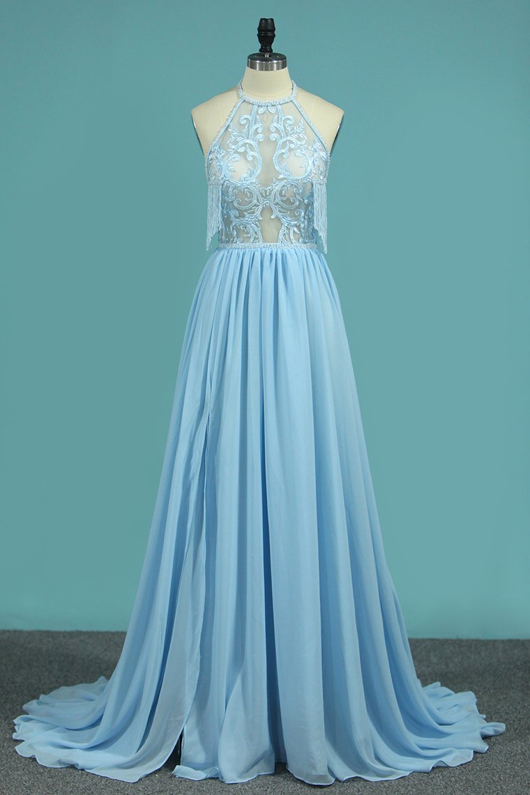 2024 A Line Chiffon Halter Prom Dresses With Applique And Slit Sweep Train
