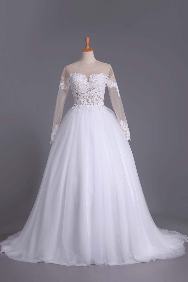 2024 Long Sleeves Bateau Open Back Wedding Dresses Tulle With Applique