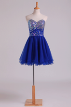 Load image into Gallery viewer, 2024 New Arrival Dark Royal Blue A Line Sweetheart Homecoming Dresses Tulle Short With Beads
