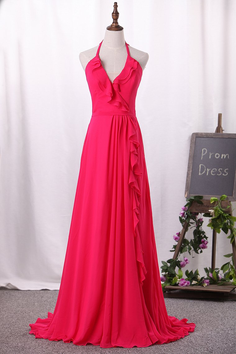 2024 New Arrival A Line Chiffon Halter Open Back Prom Dresses