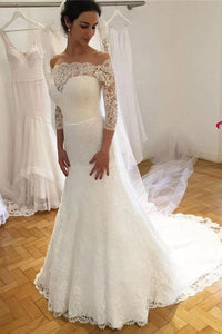 Unique Mermaid Off the Shoulder Ivory Lace 3/4 Sleeves Wedding Dresses, Wedding Gowns SRS15460