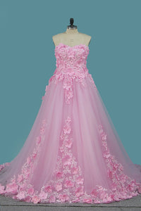 2023 Sweetheart A Line Tulle Wedding Dresses With Sash And Handmade Flower