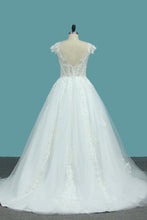 Load image into Gallery viewer, 2023 Scoop Short Sleeves Tulle A Line Wedding Dresses With Applique Chapel Train