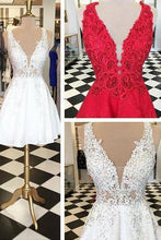 Load image into Gallery viewer, Stylish V-neck Sleeveless White Lace Short Homecoming Dress Beaded RS486