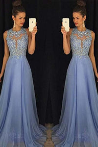 A-Line Round Neck Lace Chiffon Tulle Ball Gown Beading Evening Dress