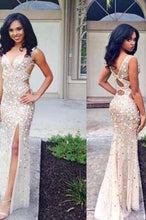 Load image into Gallery viewer, Beaded Rhinestone Mermaid Long Open Back Sleeveless with Slit Prom Dresses RS951