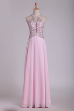 Load image into Gallery viewer, 2024 Halter A Line Prom Dresses Beaded Bodice Chiffon Floor Length