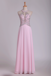 2024 Halter A Line Prom Dresses Beaded Bodice Chiffon Floor Length