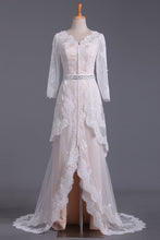 Load image into Gallery viewer, 2024 Asymmetrical Wedding Dresses V Neck Mid-Length Sleeves With Applique And Sash Tulle