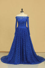 Load image into Gallery viewer, 2024 Prom Dresses Boat Neck Long Sleeves A Line Tulle With Beading Sweep Train